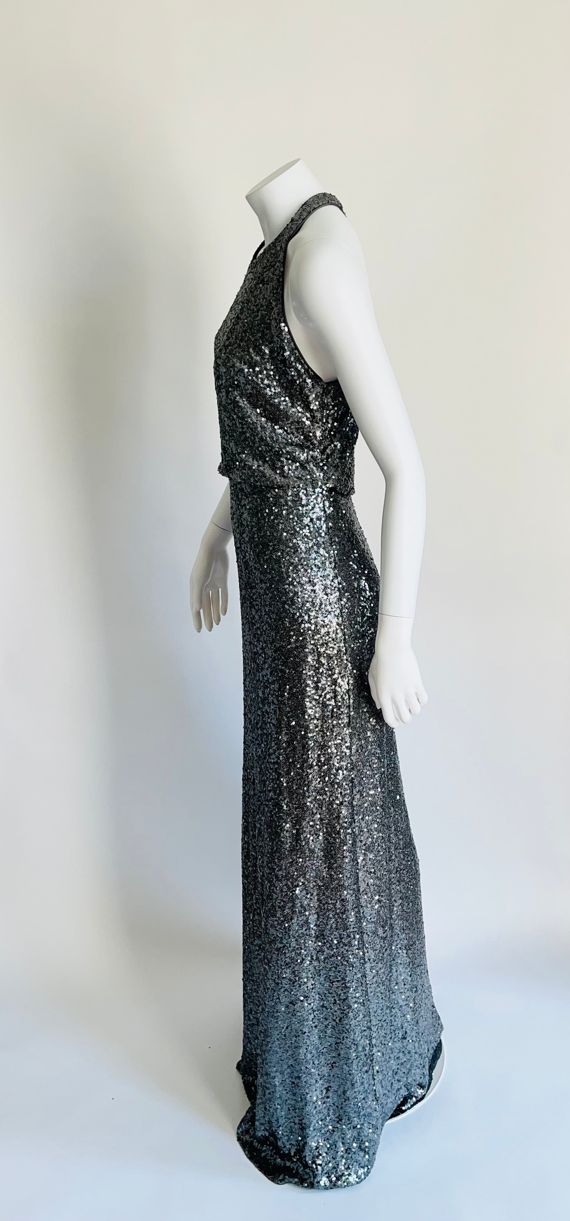 Jenny Yoo Silver Sequined Halter Long Dress