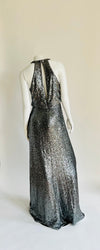 Jenny Yoo Silver Sequined Halter Long Dress