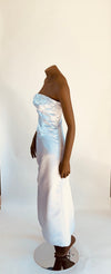 Bill Levkoff Silvery Blue Satin Strapless Long Dress with Beaded Bodice