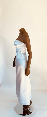 Bill Levkoff Silvery Blue Satin Strapless Long Dress with Beaded Bodice
