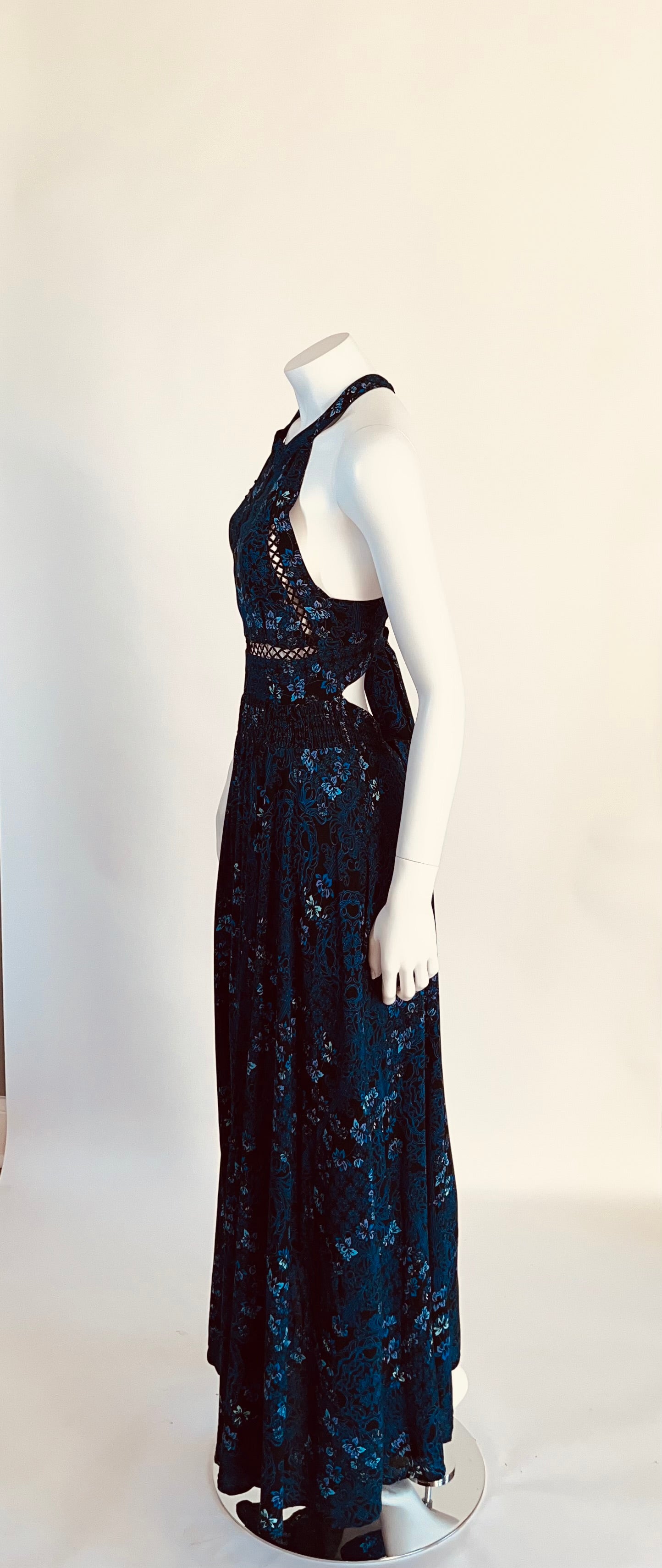 Janse Dark Blue Floral Boho Halter Long Dress