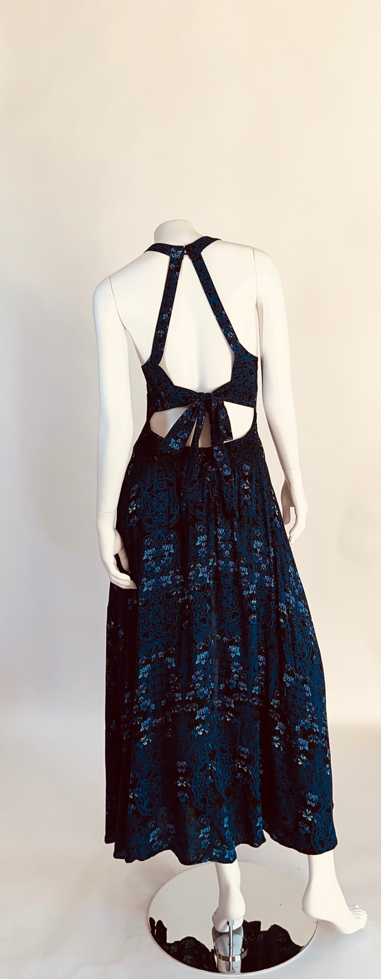 Janse Dark Blue Floral Boho Halter Long Dress