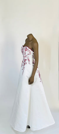 BRIDE & CO Strapless White Gown w/Red Lace and Beaded Bodice