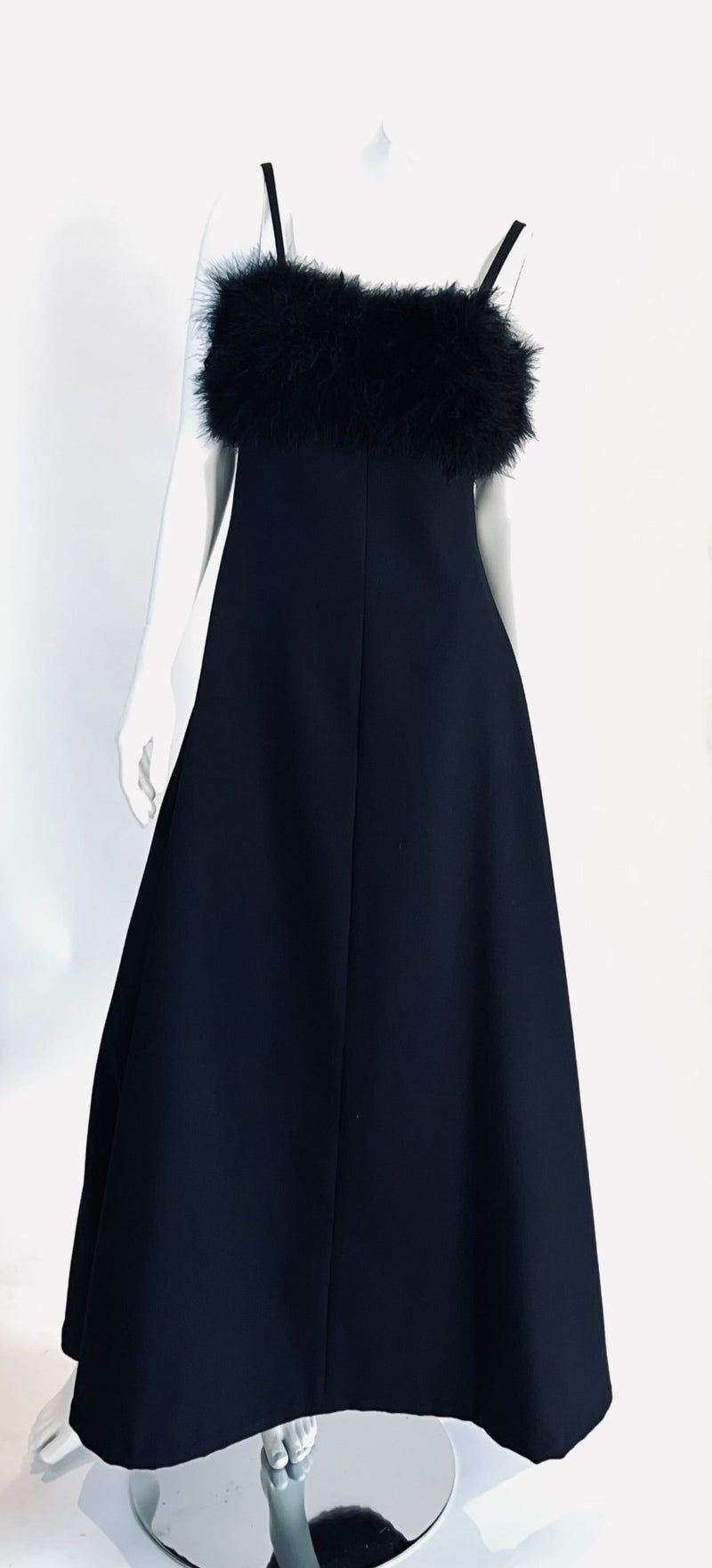 Vintage Caro Black A-line Long Dress with Boa Detail