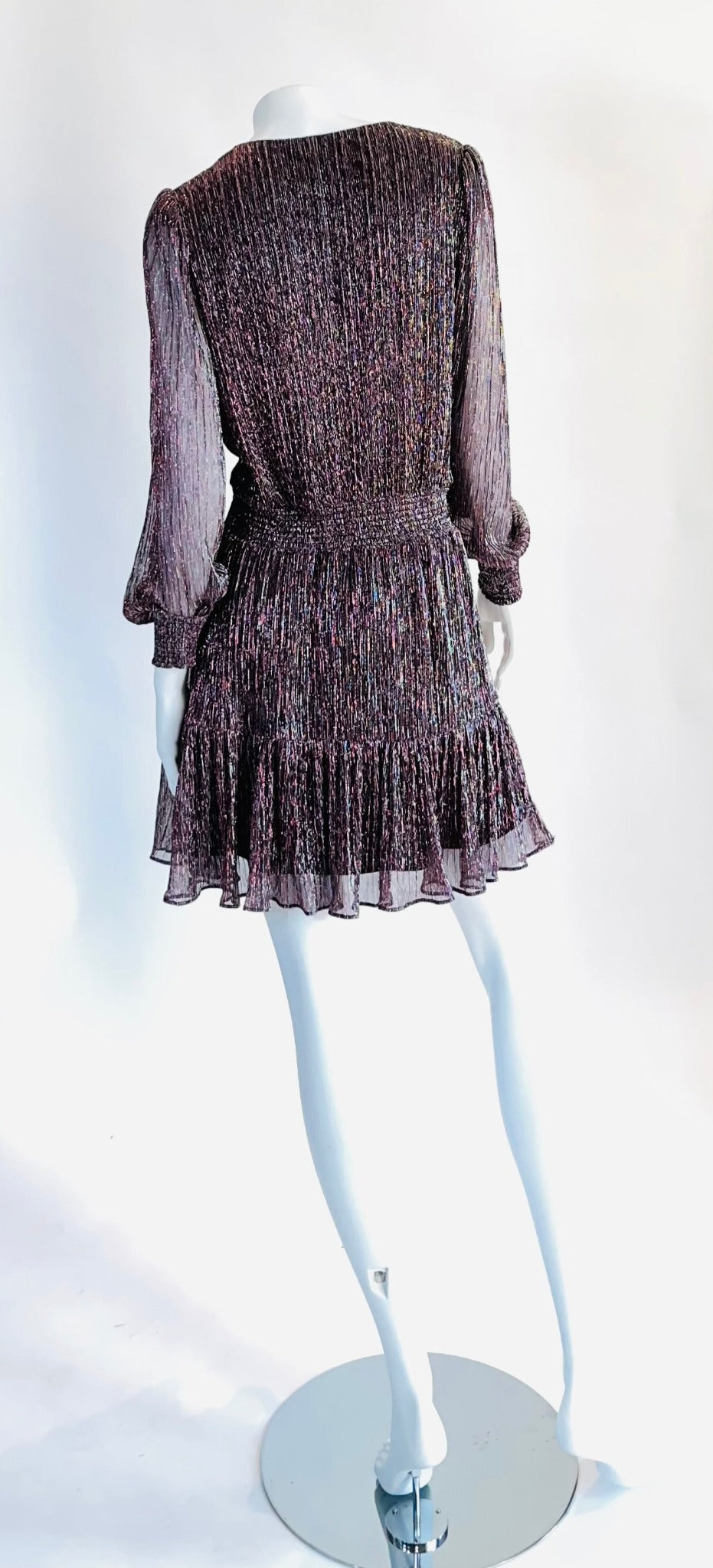 Forever New Purple Shimmer Mini Dress with Long Sheer Sleeves