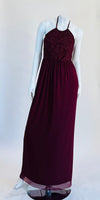 Bride & Co. Burgandy Halter Long Dress with Lace Bodice