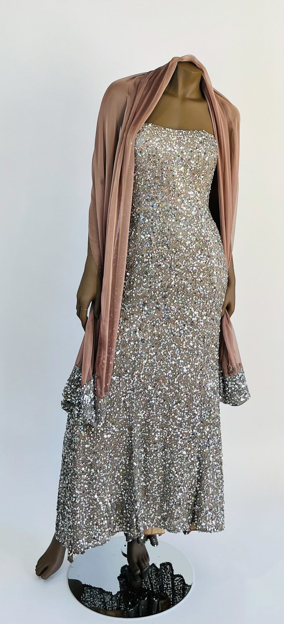 BG Haute Neutral Silk and Silver Sequined Strapless Long Dress