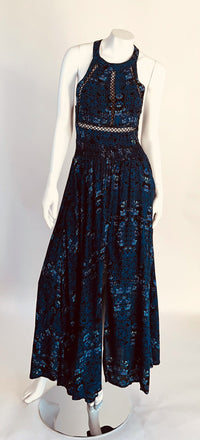 Janse Dark Blue Floral Boho Halter Long Dress