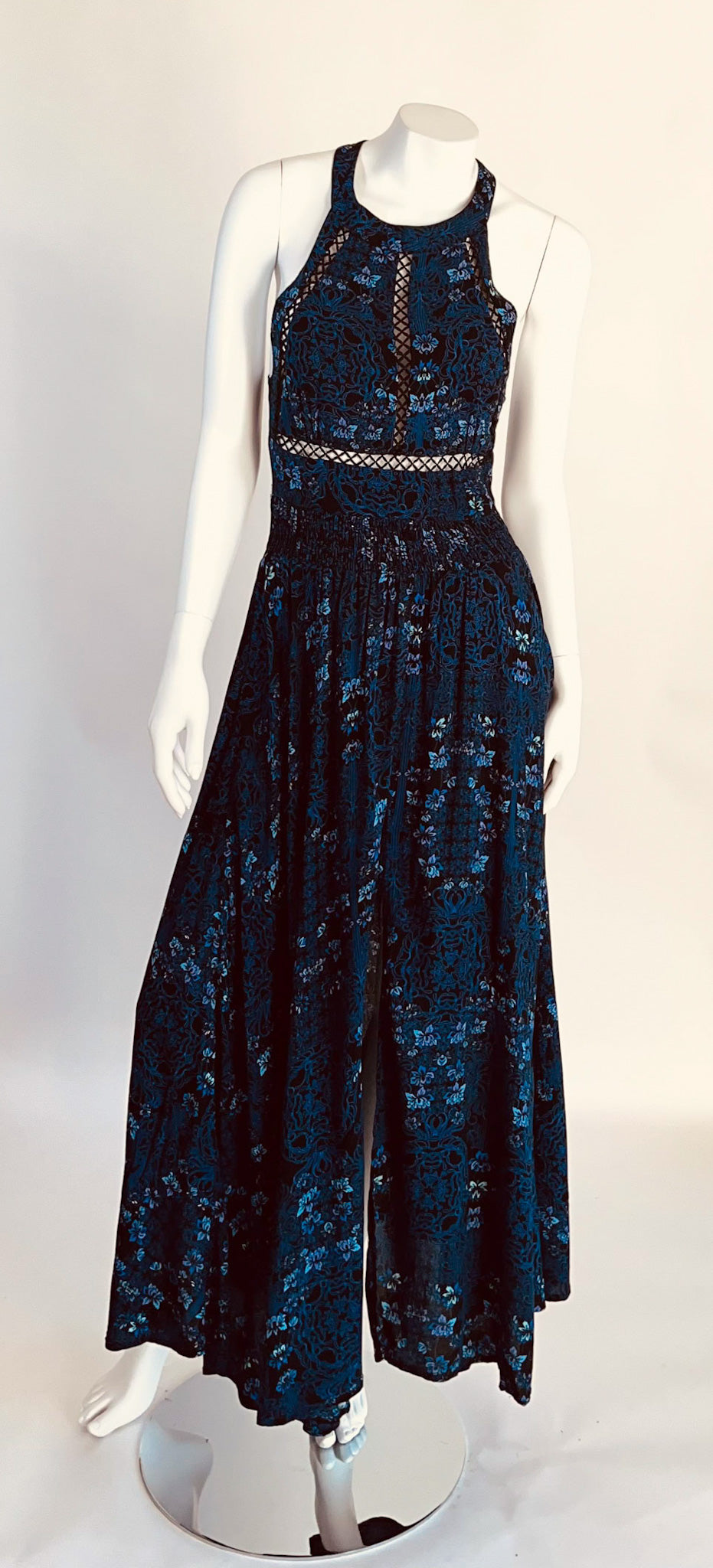 Janse Dark Blue Floral Boho Halter Long Dress