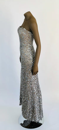BG Haute Neutral Silk and Silver Sequined Strapless Long Dress