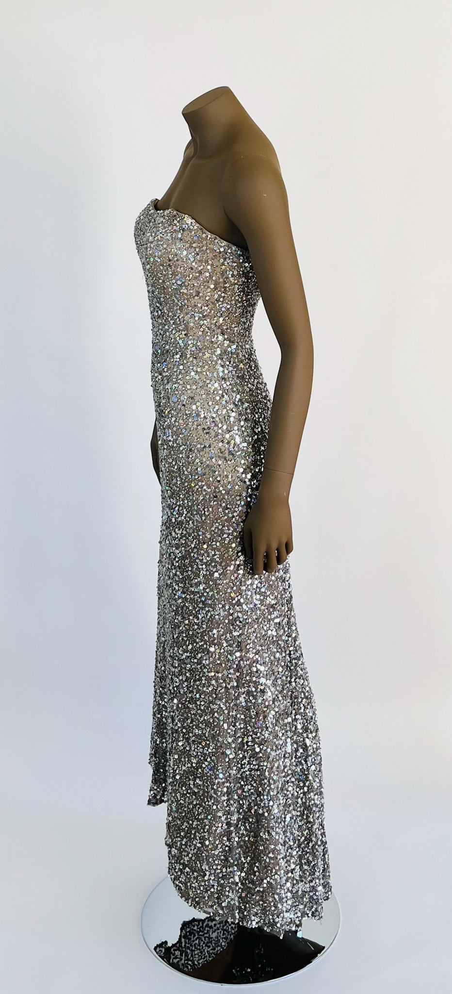 BG Haute Neutral Silk and Silver Sequined Strapless Long Dress