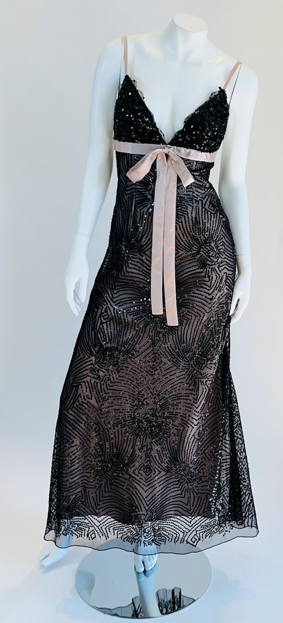 Scala Black Sequined Lon Dress with Pink Lining