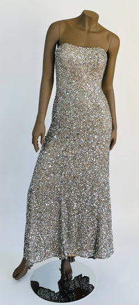 BG Haute Neutral Silk and Silver Sequined Strapless Long Dress
